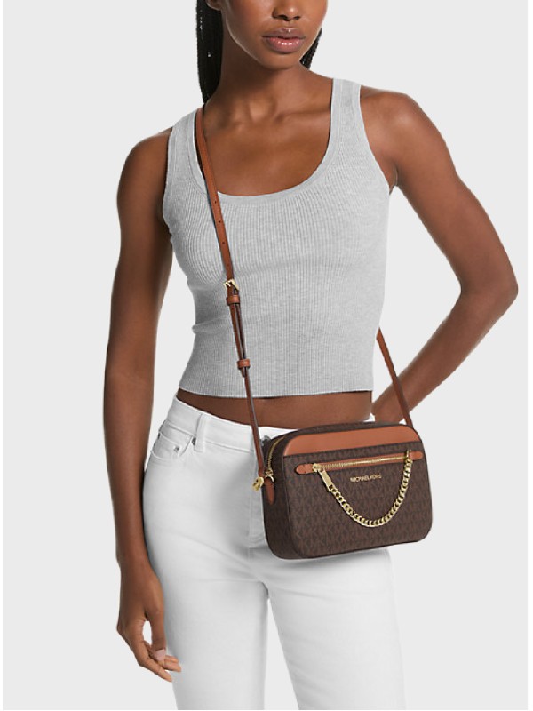 Cумка Michael Kors East West Zip Chain Crossbody Brown Logo