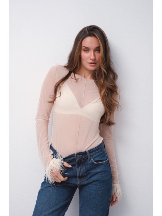 Логнслив сетка Laloca с перьями молочный