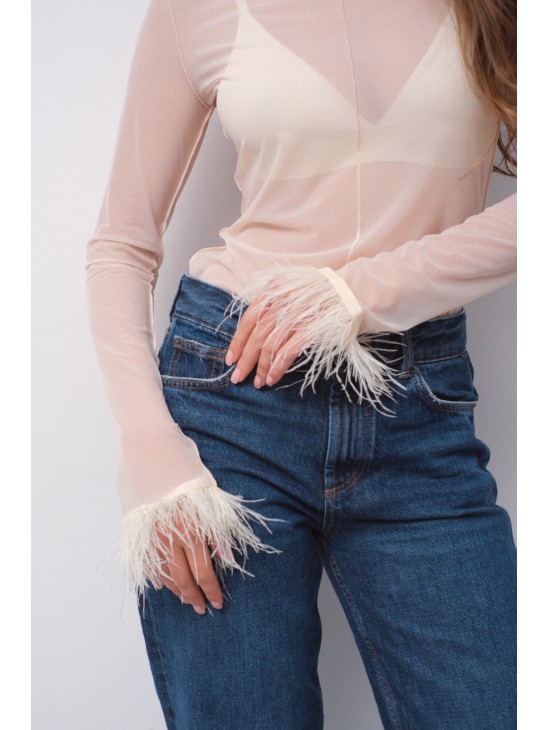 Логнслив сетка Laloca с перьями молочный