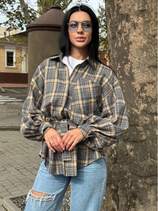 Kakao Brand Сорочка в клітинку з поясом OneSize бежева