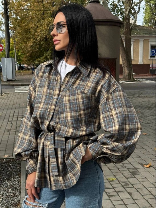 Kakao Brand Сорочка в клітинку з поясом OneSize бежева