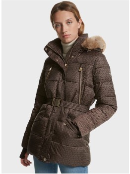 Куртка Michael Kors Faux Fur Trim Quilted Belted Brown Logo