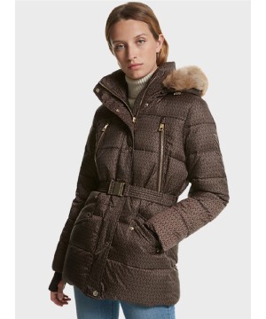 Куртка Michael Kors Faux Fur Trim Quilted Belted Brown