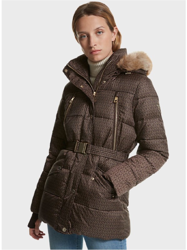 Куртка Michael Kors Faux Fur Trim Quilted Belted Brown